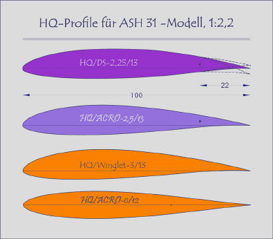 Profile für das ASH 31-Modell, Maßst. 1:2,2